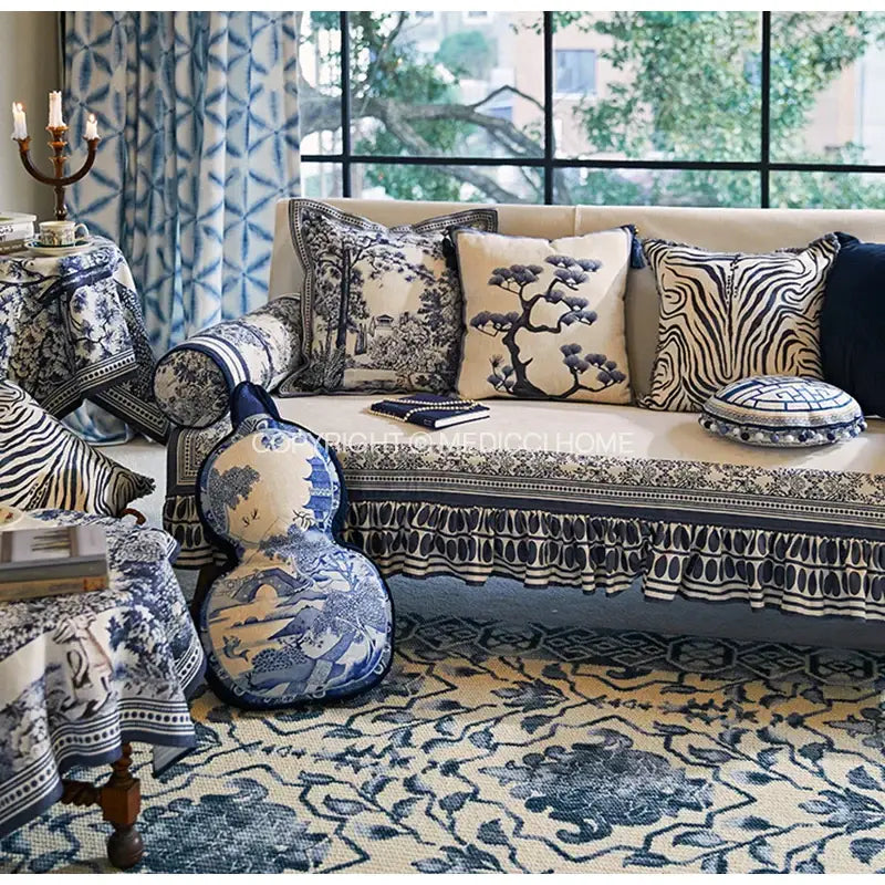 Ancient indigo jungle cushion covers blue & white living room pillow