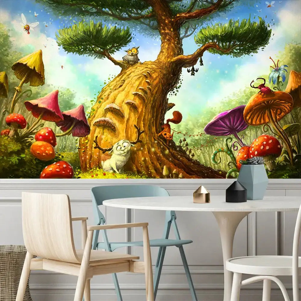 Fantasy ancient trees tapestry bedroom glowing lantern wall decor
