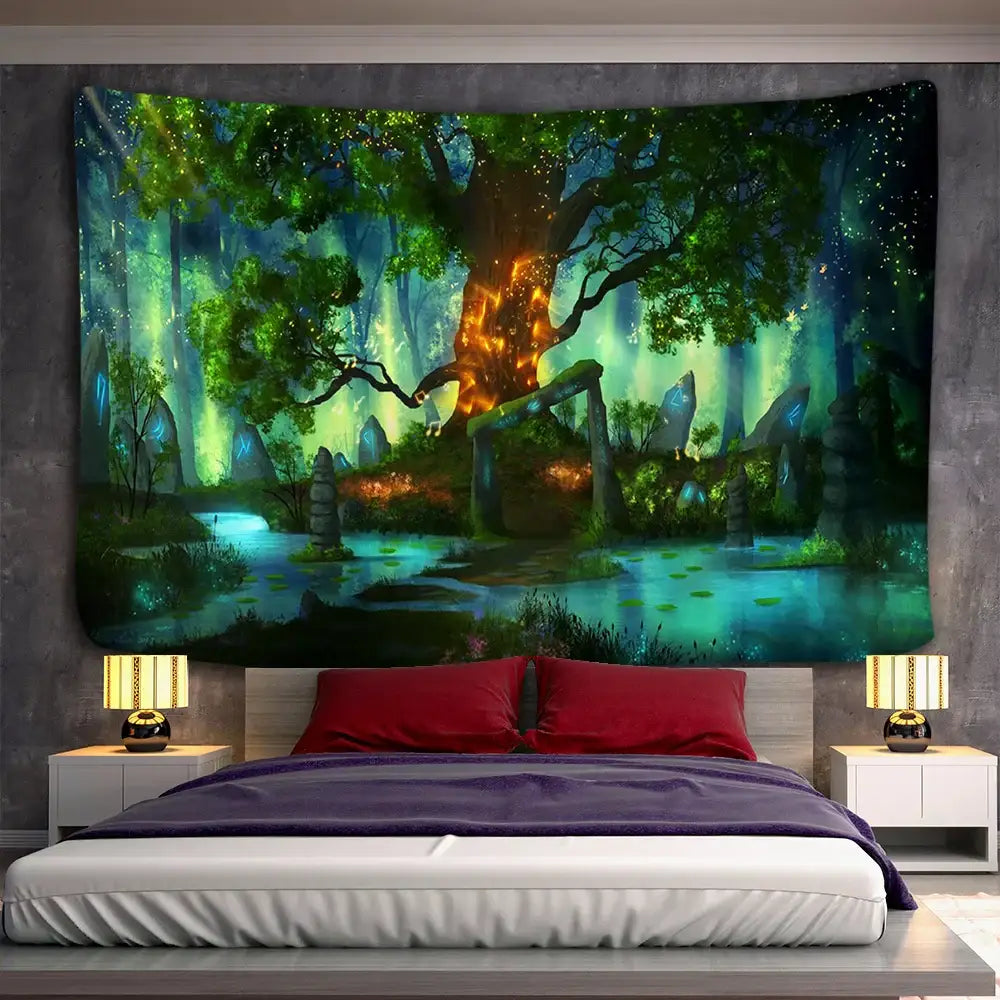 Fantasy ancient trees tapestry bedroom glowing lantern wall decor