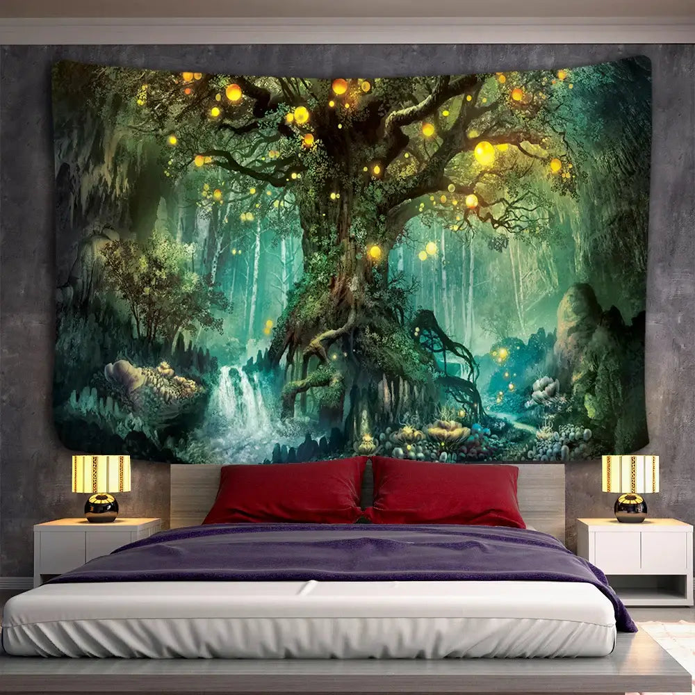 Fantasy ancient trees tapestry bedroom glowing lantern wall decor