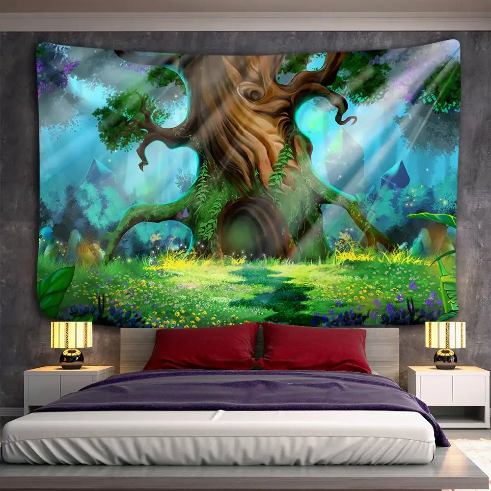 Fantasy ancient trees tapestry bedroom glowing lantern wall decor