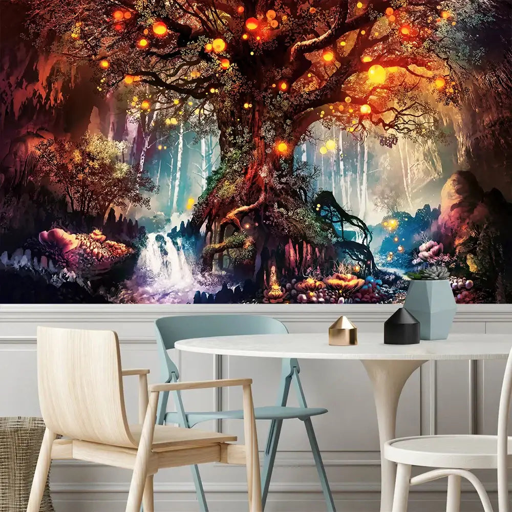 Fantasy ancient trees tapestry bedroom glowing lantern wall decor