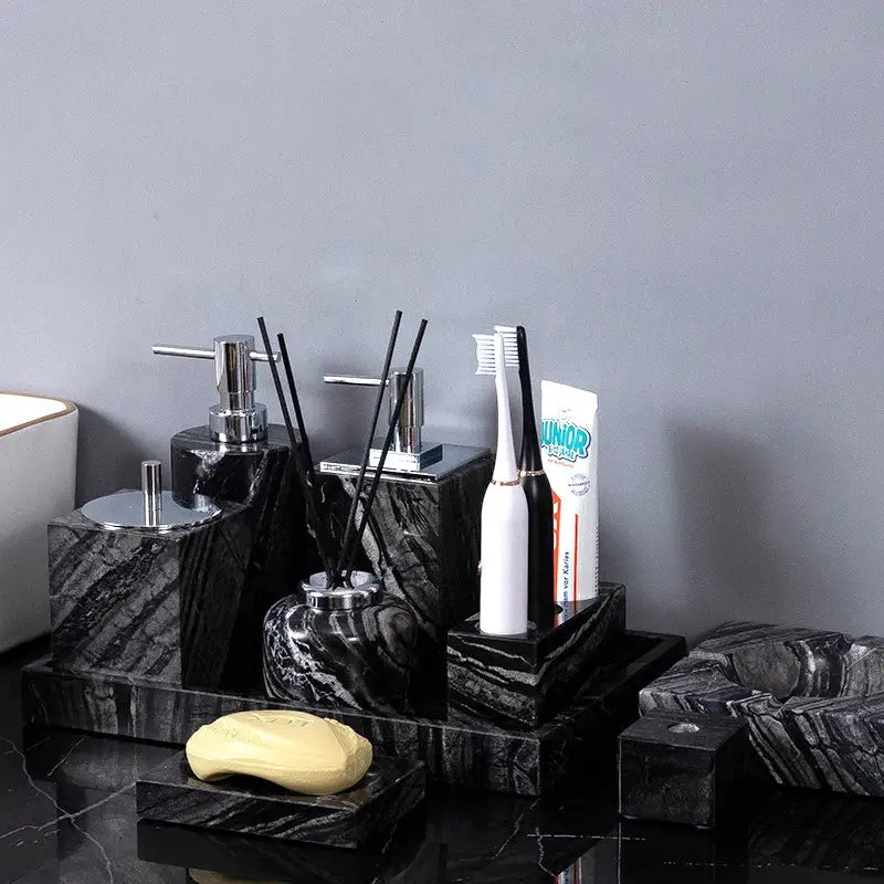Modern black & gold ancient wood grain marble bathroom set