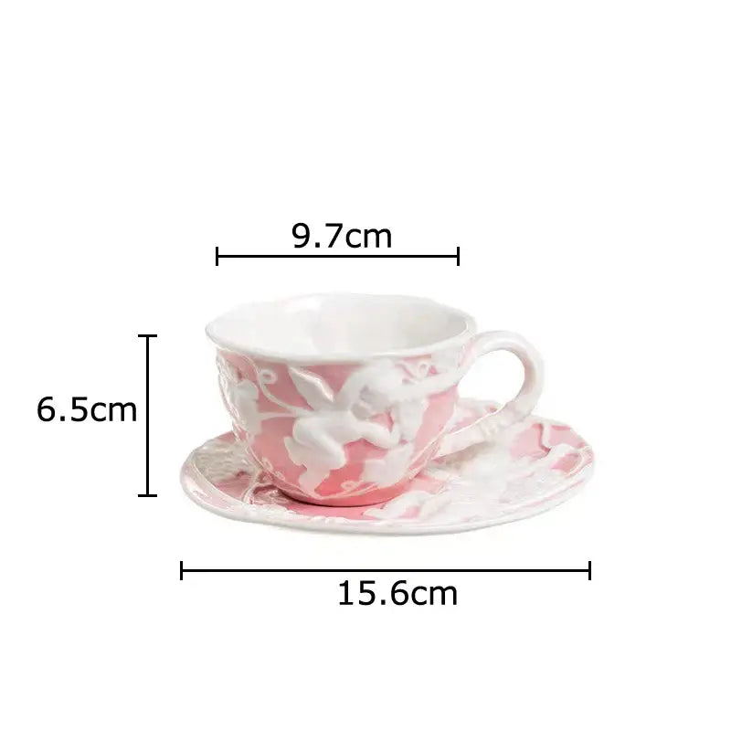 Pink and white angel figures relief ceramic teacup dining room set