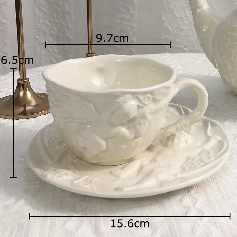 Pink and white angel figures relief ceramic teacup dining room set