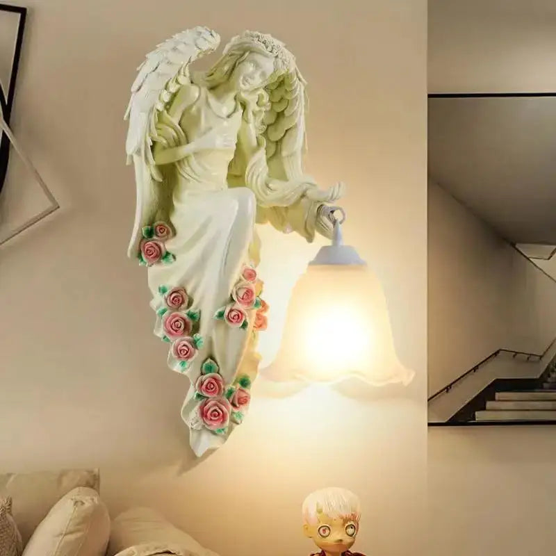 Golden angel resin sconce indoor wall light with crystal for bedroom