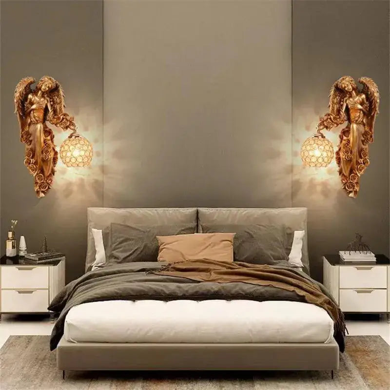 Golden angel resin sconce indoor wall light with crystal for bedroom