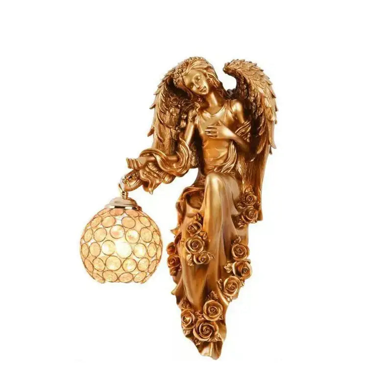 Golden angel resin sconce indoor wall light with crystal for bedroom