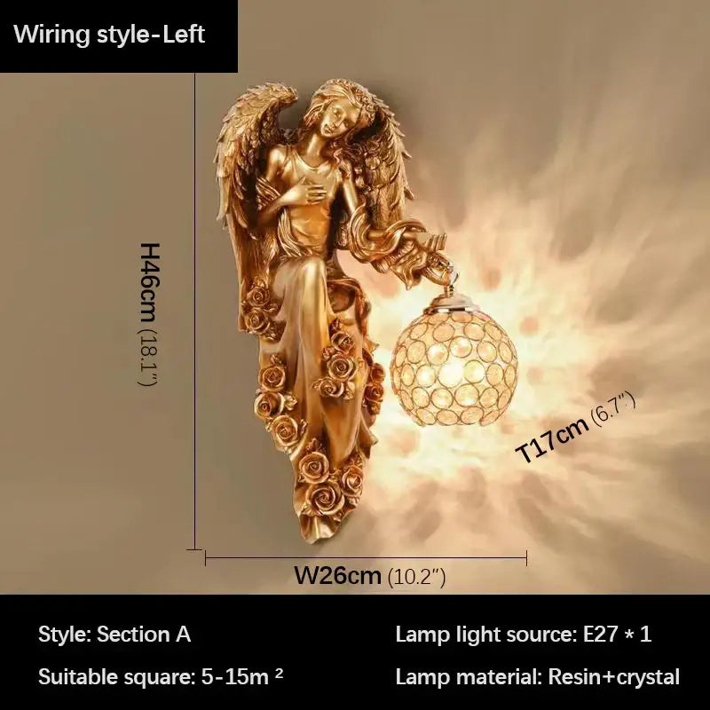 Golden angel resin sconce indoor wall light with crystal for bedroom