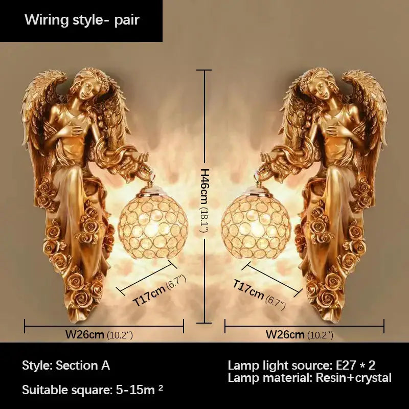 Golden angel resin sconce indoor wall light with crystal for bedroom