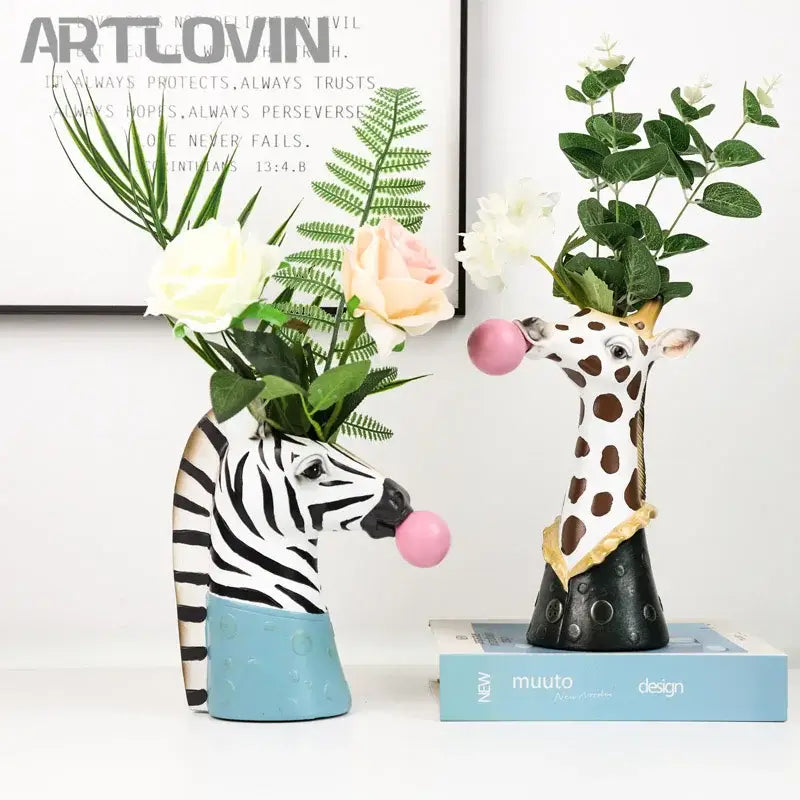 Whimsical black & white zebra animal bust succulent vase living room