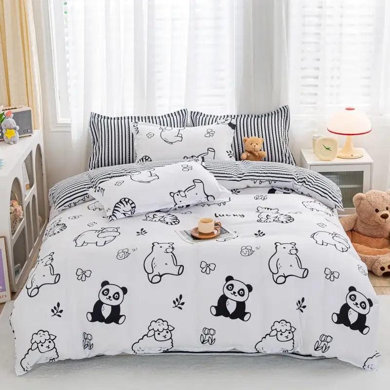 Playful white & black animal pattern bedding set bedroom duvet cover