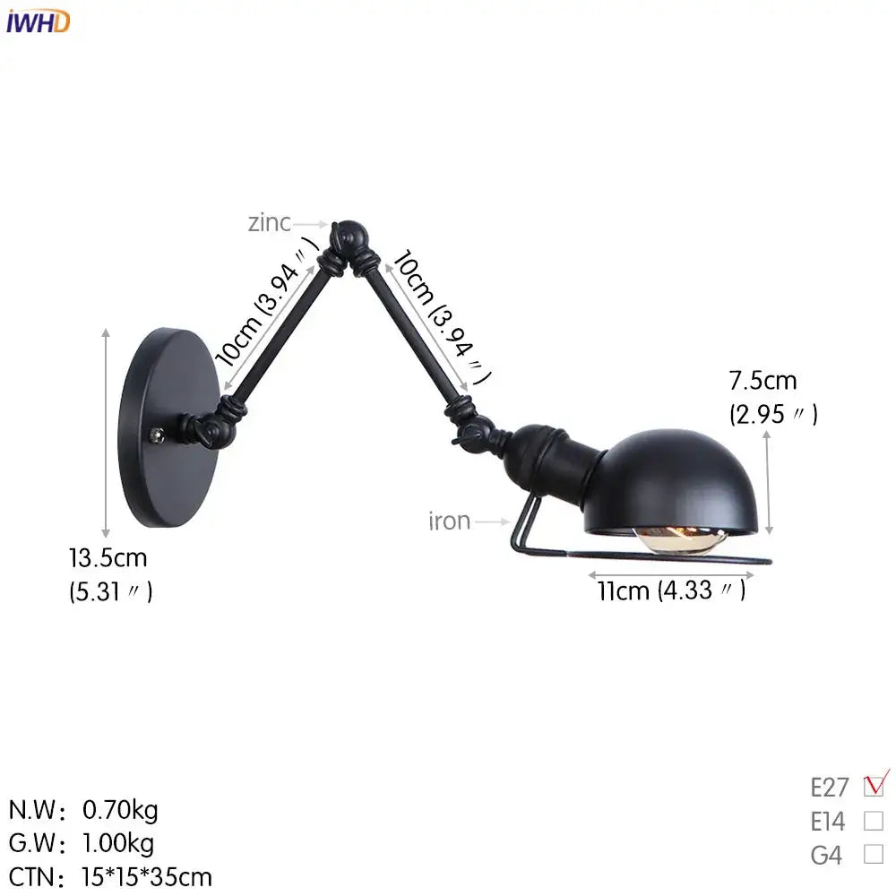 Antique black wall lamp bedroom adjustable dual dome sconce