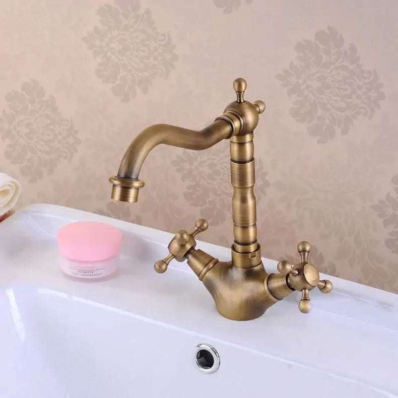 Antique brass double cross handle basin faucet kitchen swivel spout