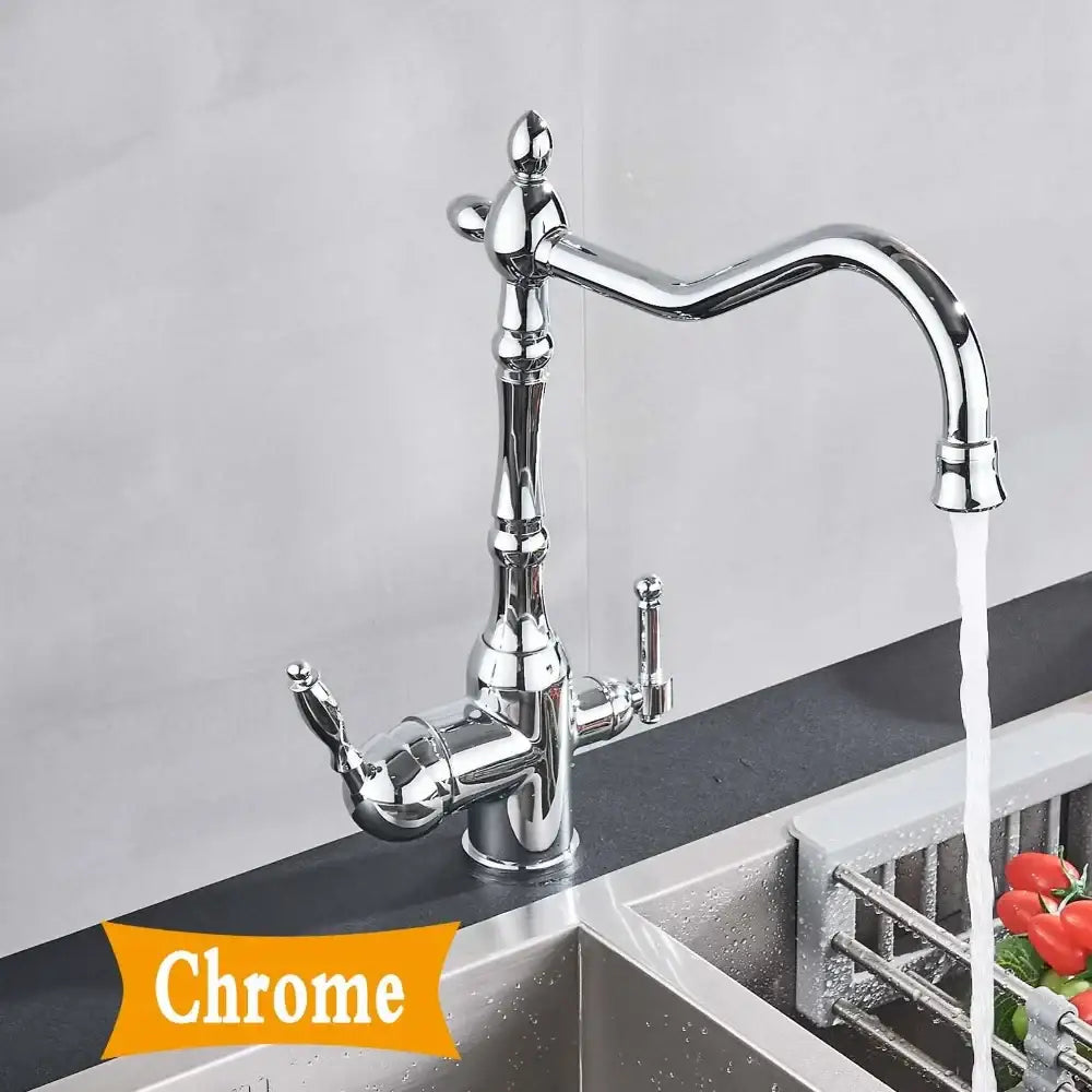Antique brass dual handle kitchen filter faucet with curved spout