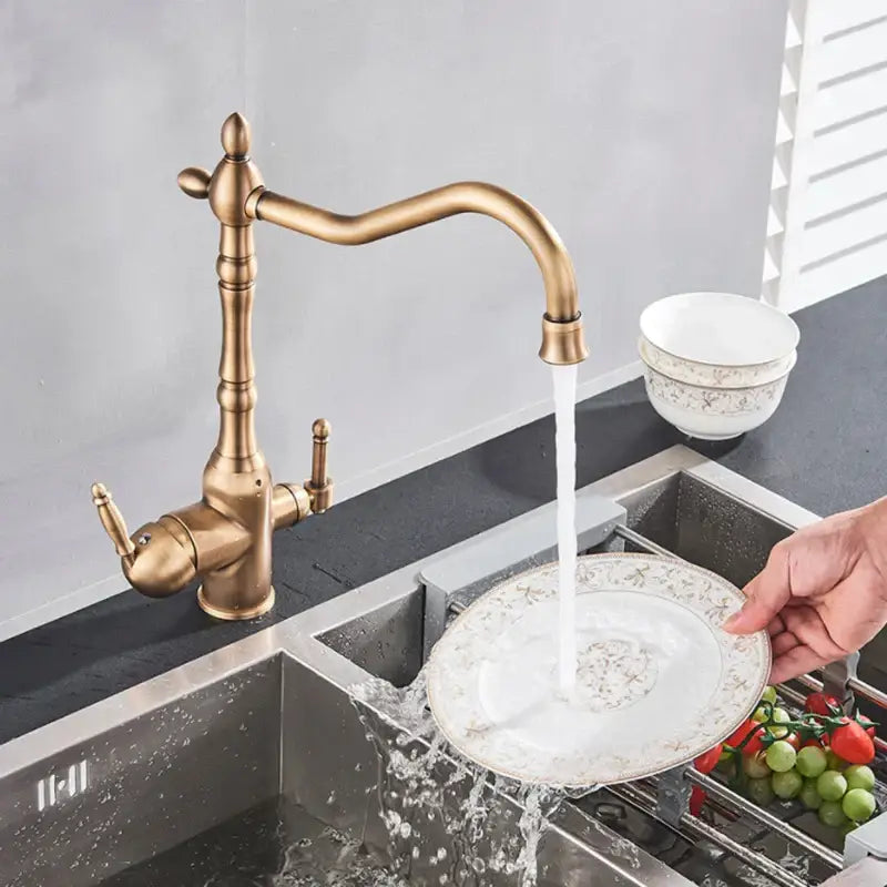 Antique brass dual handle kitchen filter faucet with curved spout