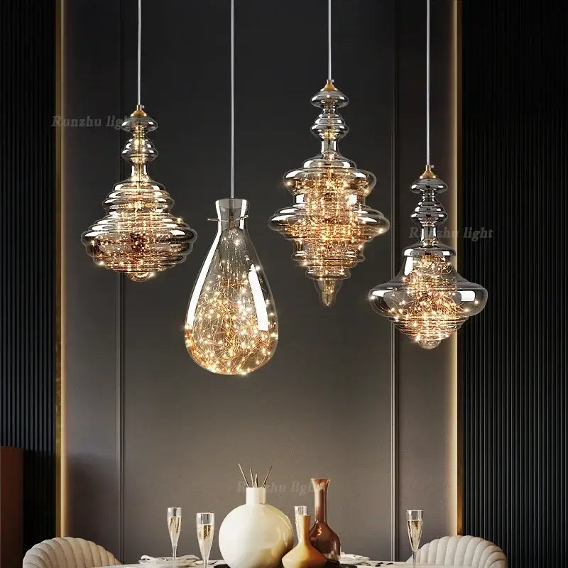 Antique brass glass tiered pendant chandelier for dining room