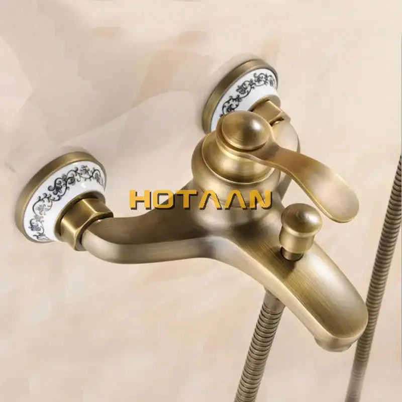 Antique brass and white floral shower head kit bathroom faucet