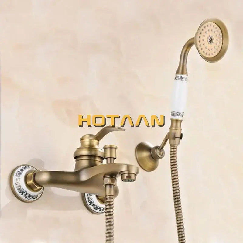 Antique brass and white floral shower head kit bathroom faucet