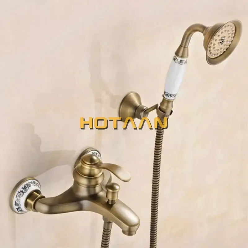 Antique brass and white floral shower head kit bathroom faucet