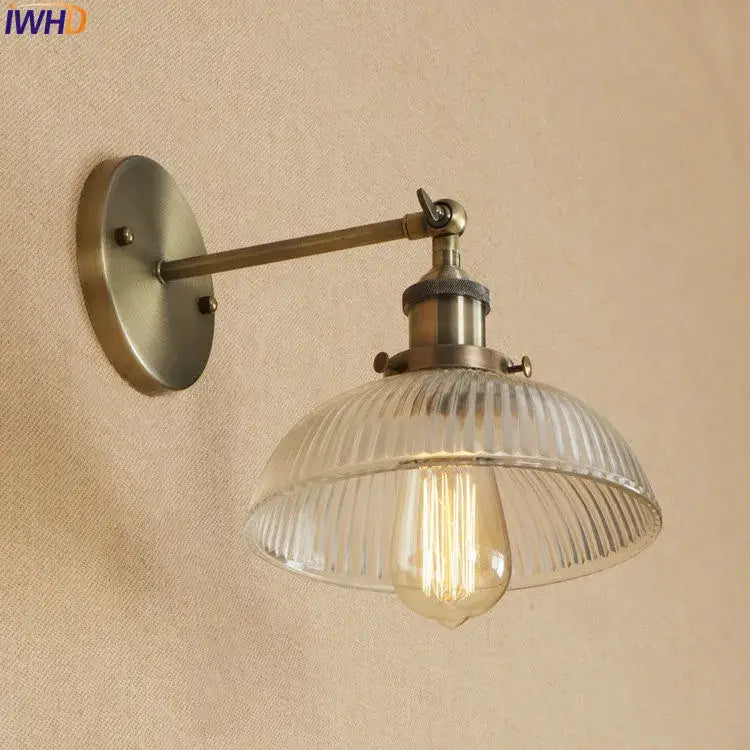 Antique brass industrial swing arm wall sconce bedroom glass light