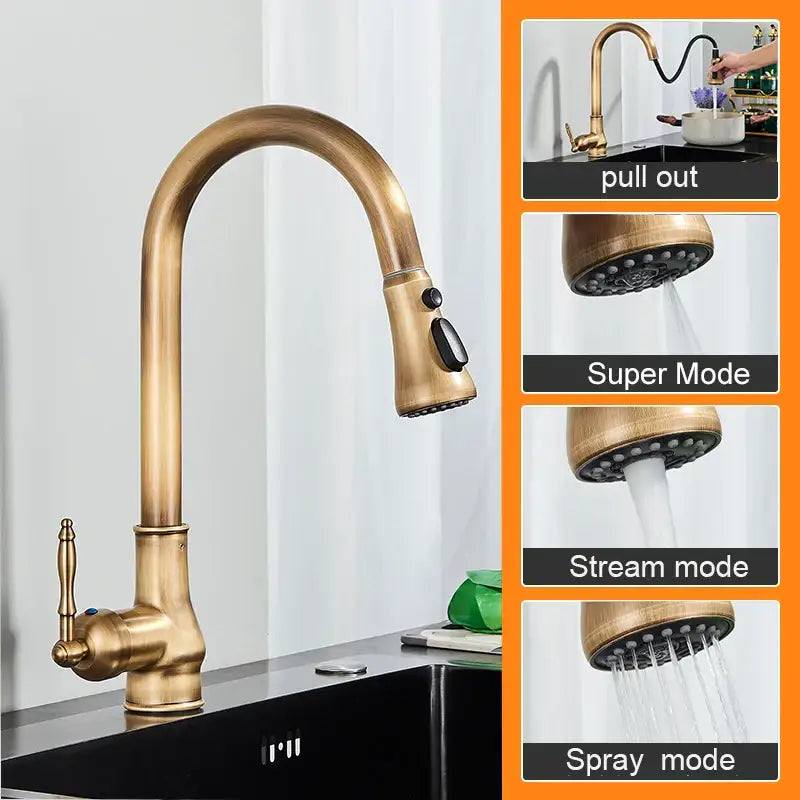 Vintage antique brass kitchen faucet with pull down swivel spout