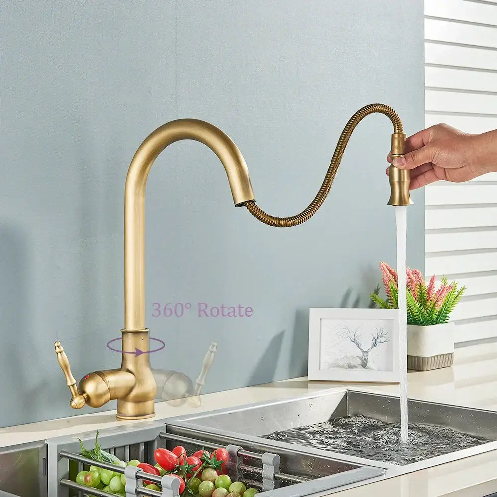 Vintage antique brass kitchen sink faucet with pull down spout