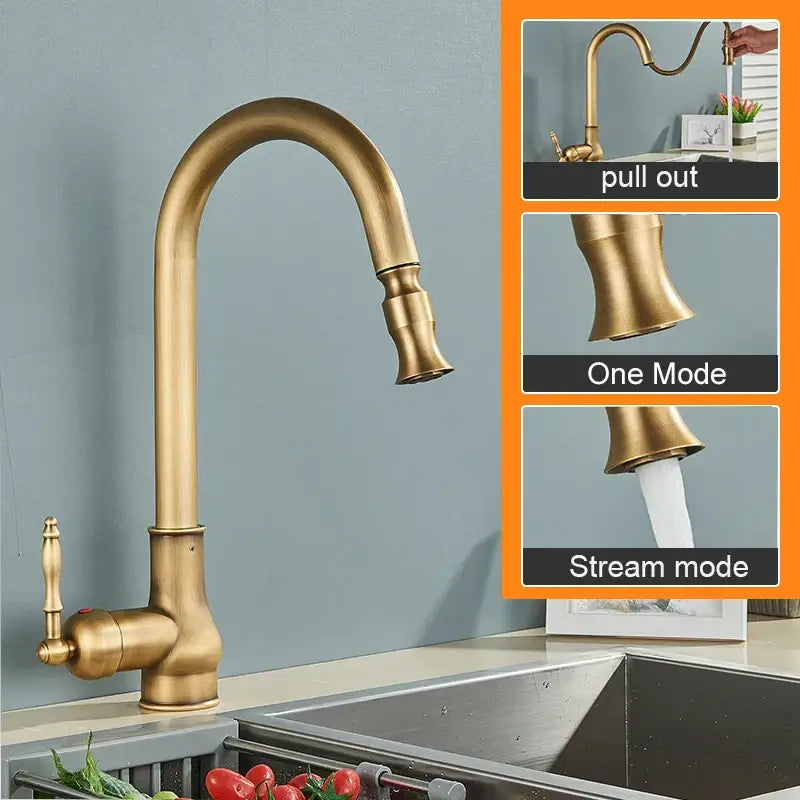 Vintage antique brass kitchen sink faucet with pull down spout