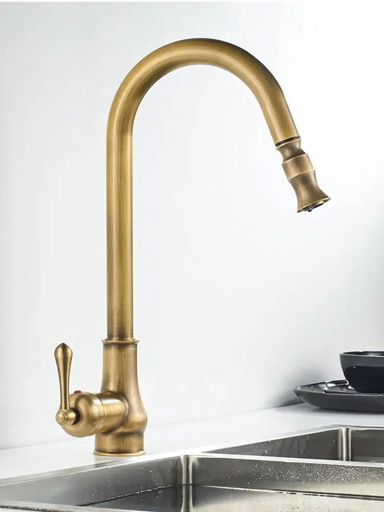 Vintage antique brass kitchen sink faucet with pull down spout