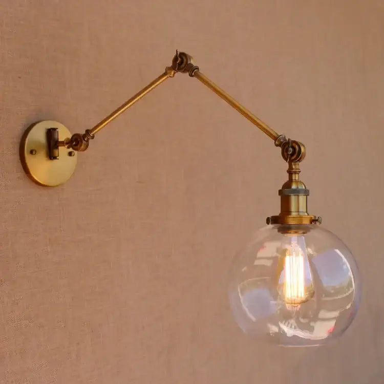 Antique brass swing arm wall lamp bedroom glass globe sconce