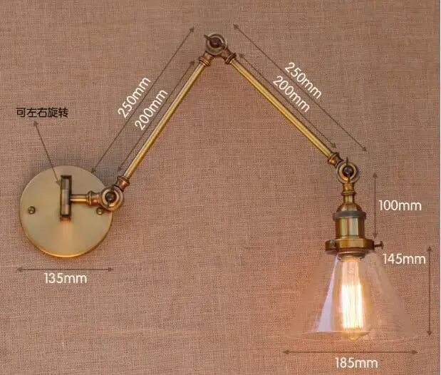 Antique brass swing arm wall lamp bedroom glass globe sconce