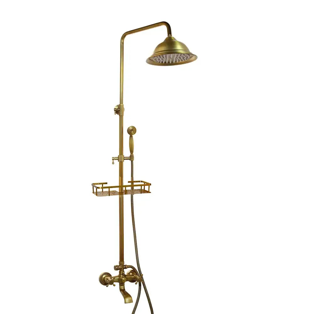 Antique brass rainfall shower faucet set with shelf – bathroom