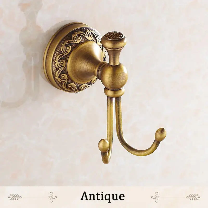 Antique brass scrollwork double robe hooks bathroom wall decor