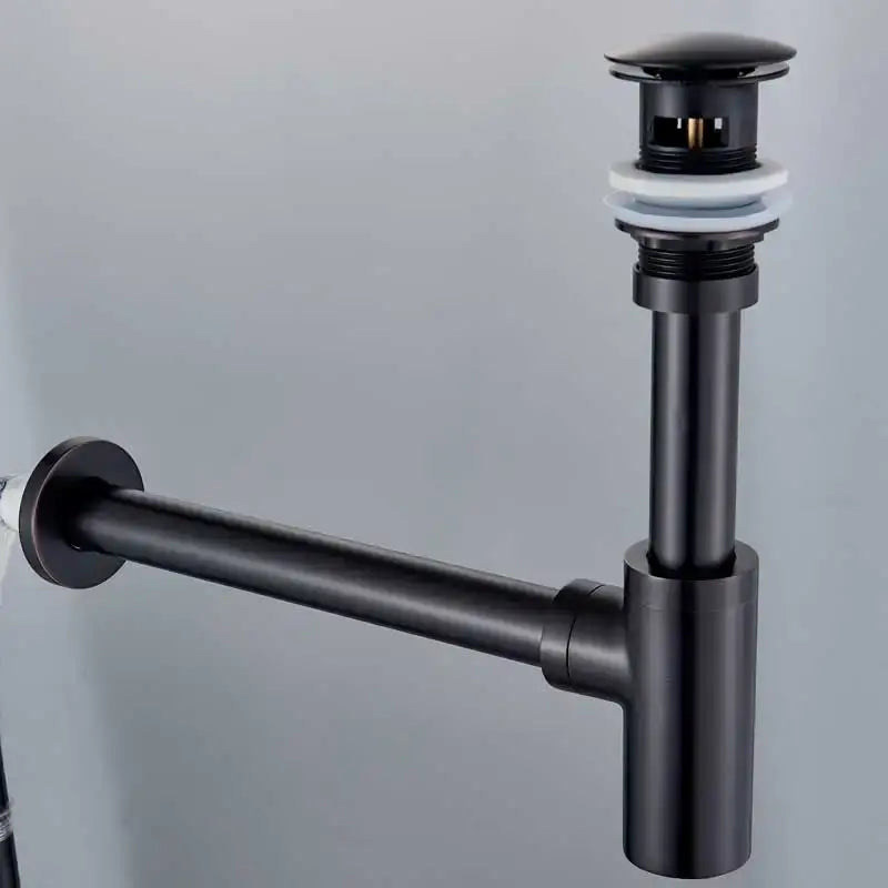 Modern matte black brass round siphon p-trap bathroom vanity drain