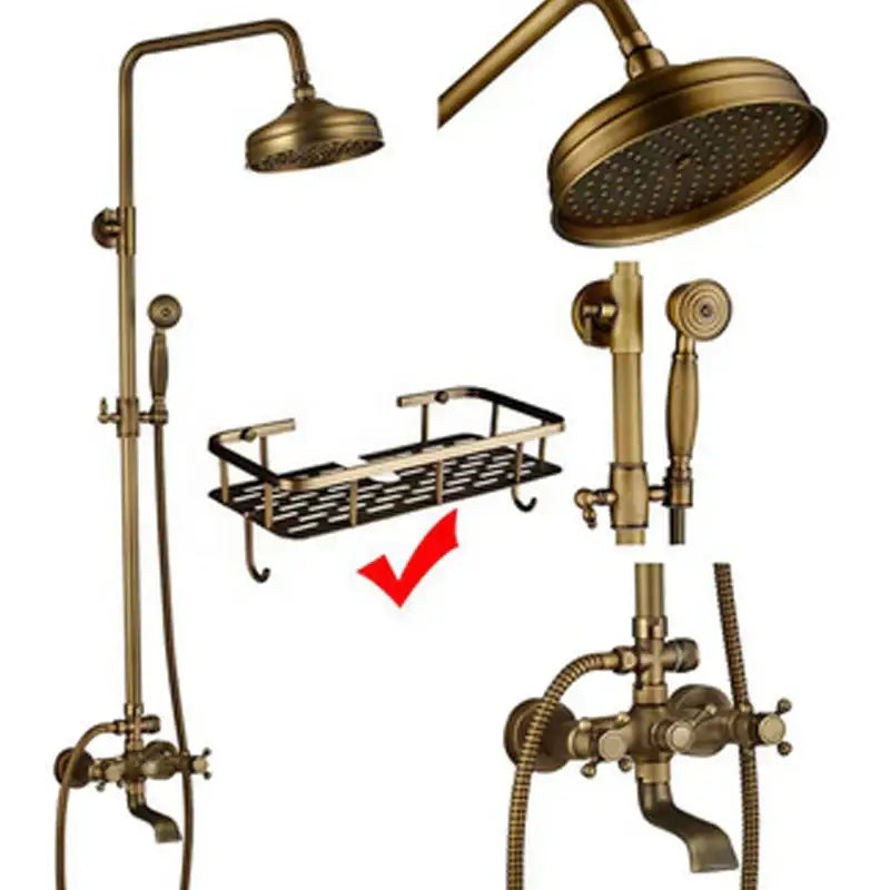 Antique brass shower faucet set bathroom rainfall head and handheld spray