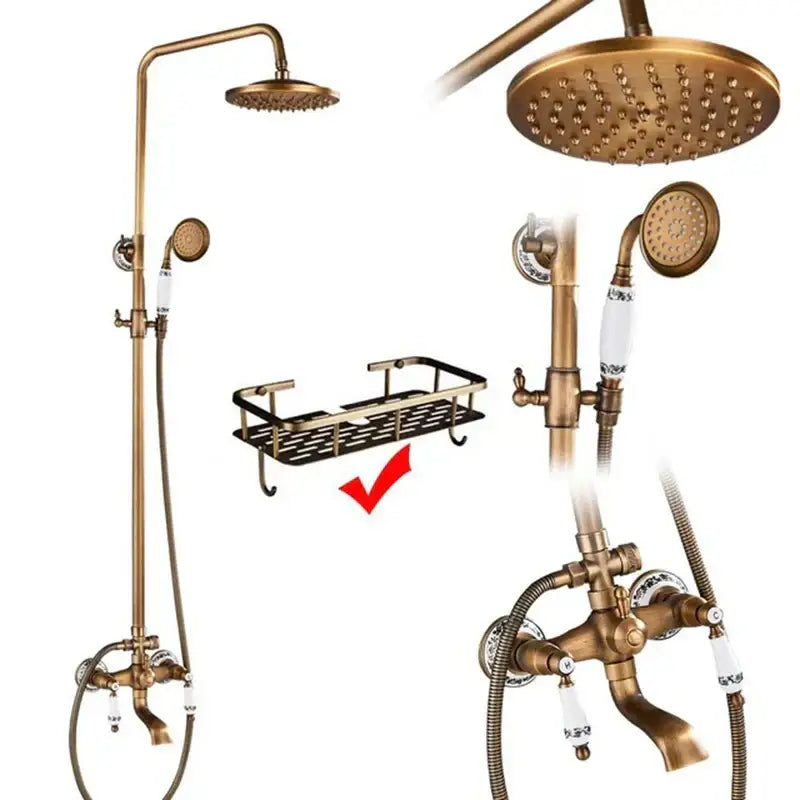 Antique brass shower faucet set bathroom rainfall head and handheld spray