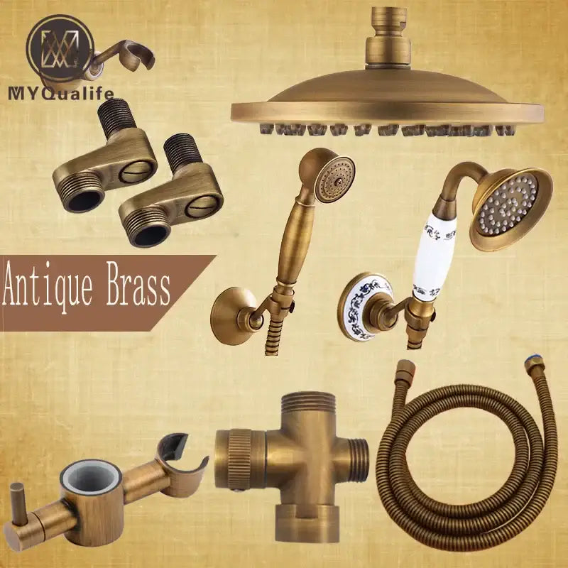 Antique brass shower faucet set with handheld sprayer bathroom rainhead