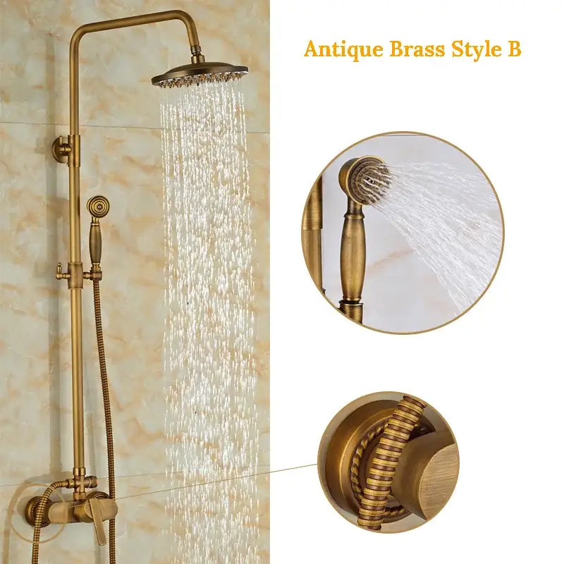 Antique brass shower set with rainfall head and sprayer – bathroom