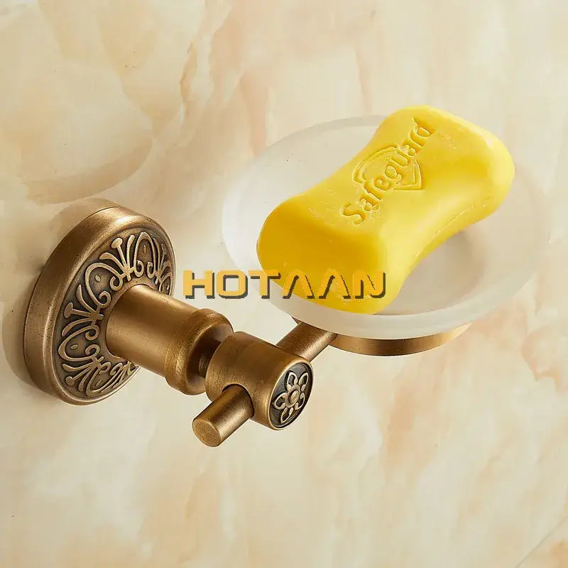 Antique brass wall mounted soap dish with frosted glass bathroom holder