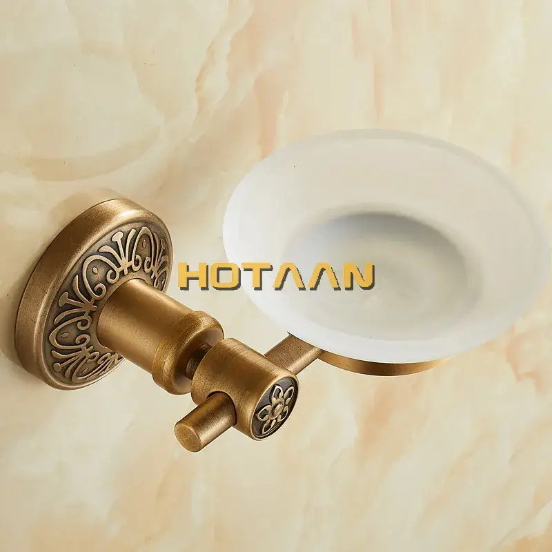 Antique brass wall mounted soap dish with frosted glass bathroom holder