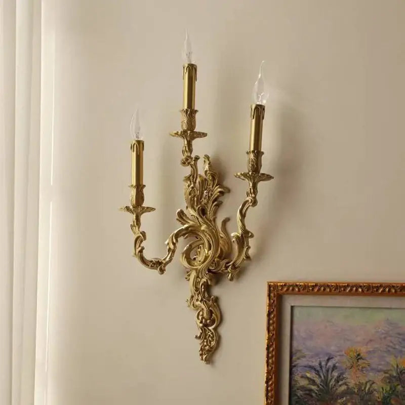 French vintage antique brass wall sconce living room triple light