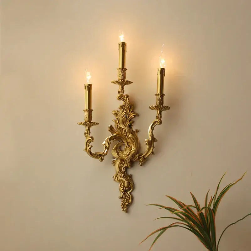 French vintage antique brass wall sconce living room triple light