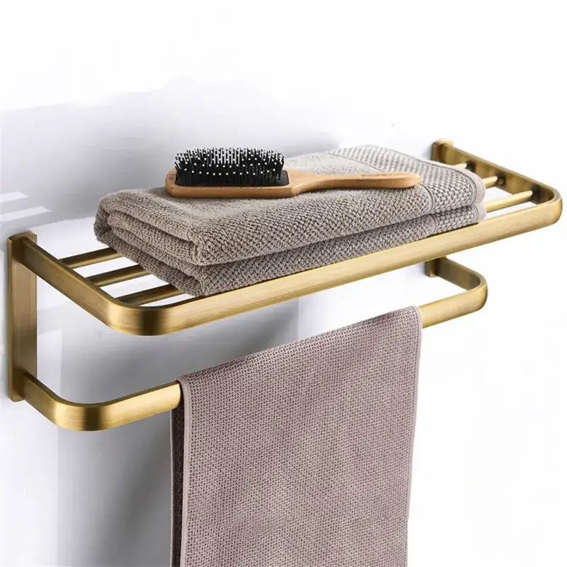 Modern antique bronze bathroom accessory set with towel rack and brush