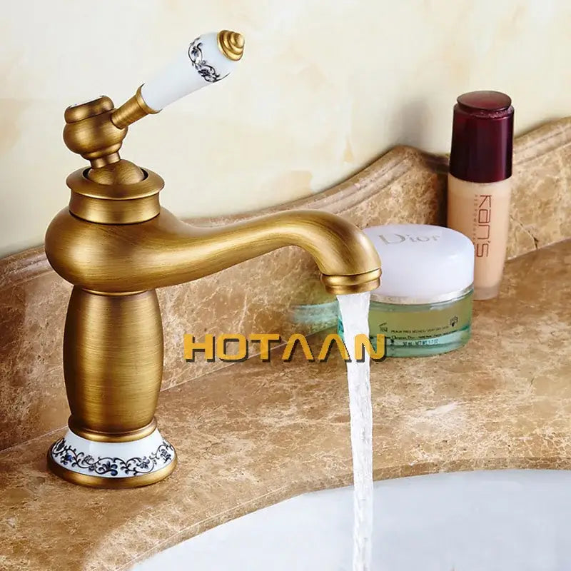 Antique bronze blue floral basin faucet bathroom single handle