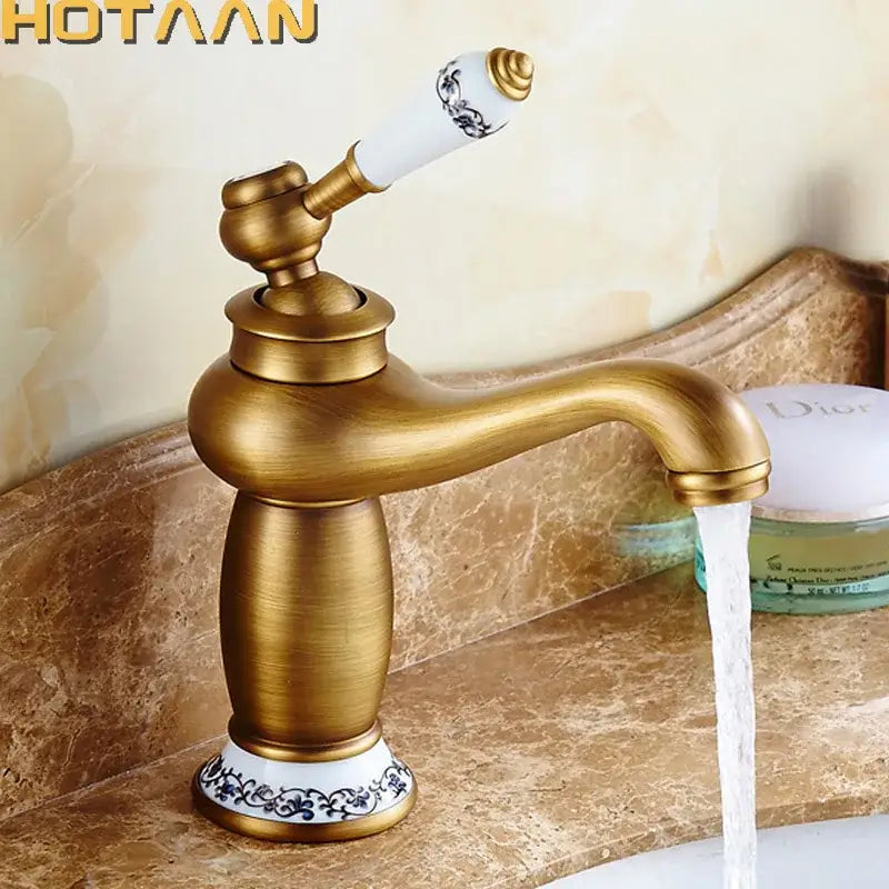 Antique bronze blue floral basin faucet bathroom single handle