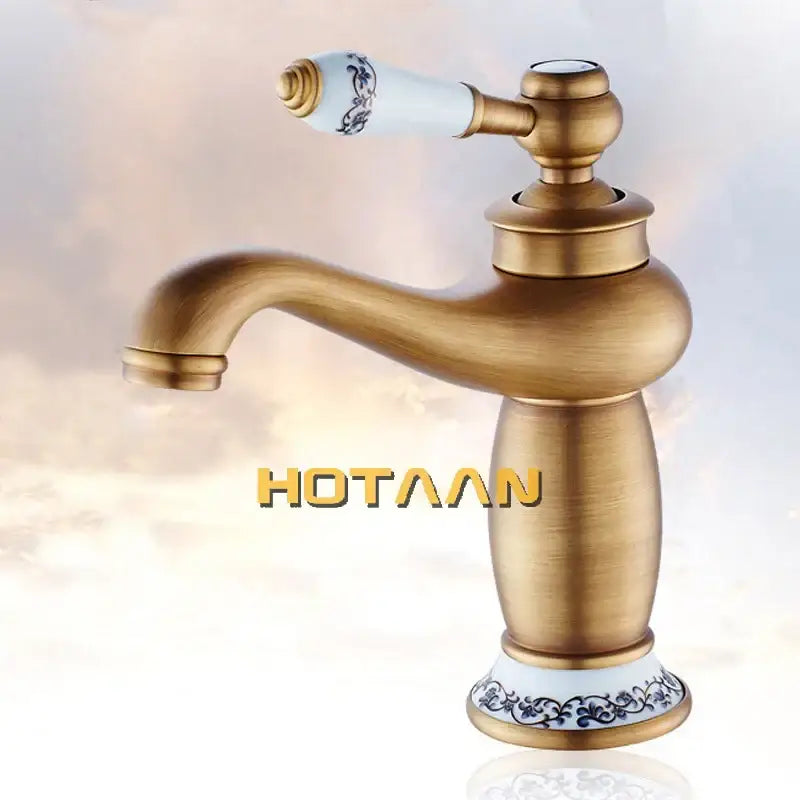 Antique bronze blue floral basin faucet bathroom single handle