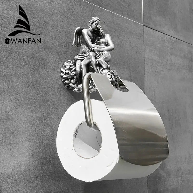 Ornate silver angel wall mounted toilet paper holder bathroom decor