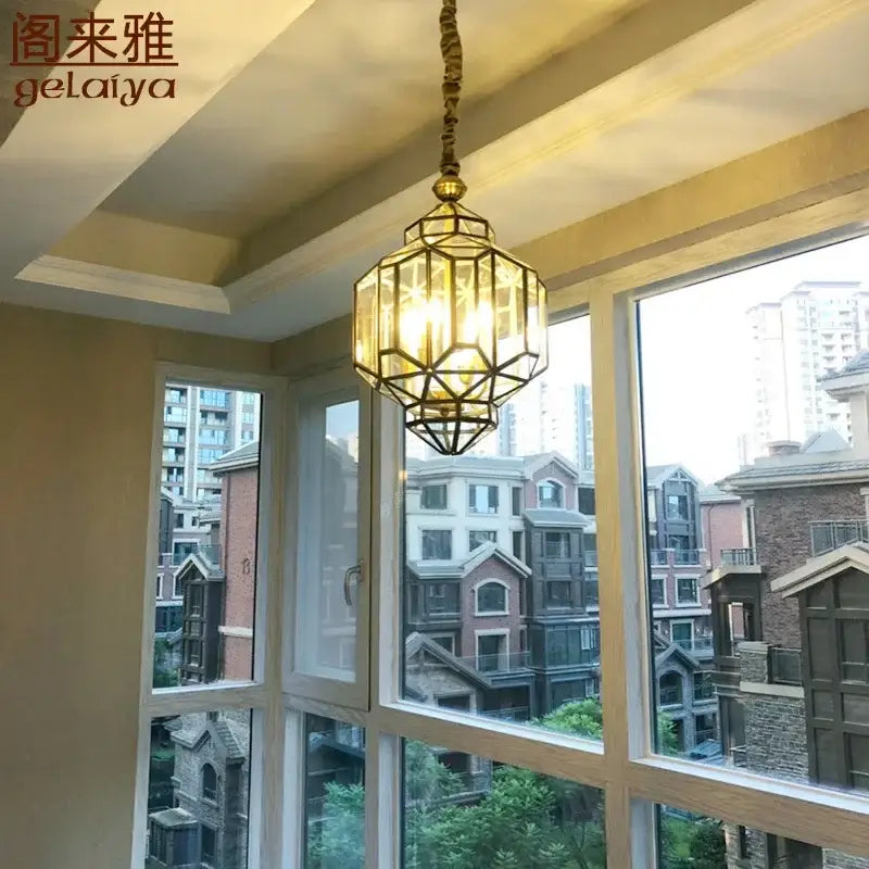 Geometric antique glass pendant light – dining room lantern