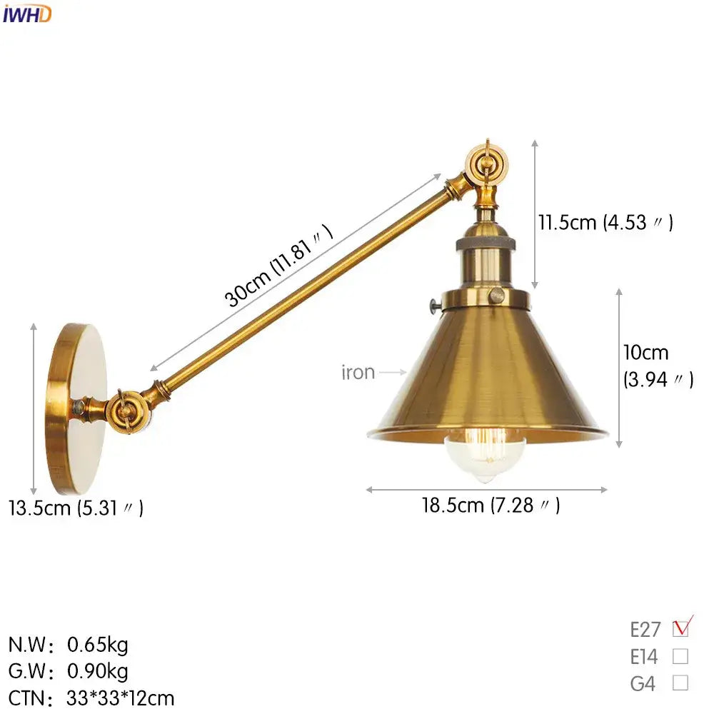 Industrial antique gold wall lamp bedroom conical sconce