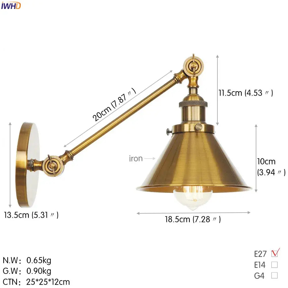 Industrial antique gold wall lamp bedroom conical sconce